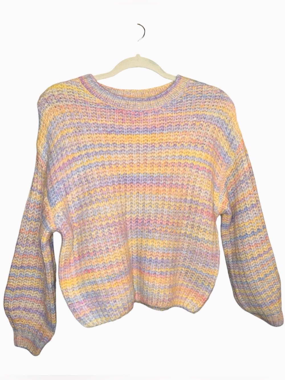 Jessica Simpson Oversized Pink/Yellow Rainbow Pastel Striped Wool Sweater, XS